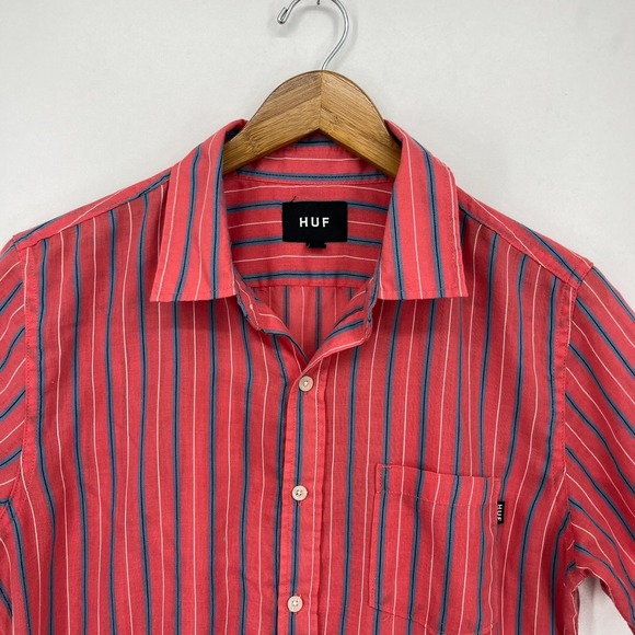 Huf Short Sleeve Button Shirt Men's Size S Red Striped Pocket Logo Cotton Blend - Picture 2 of 10